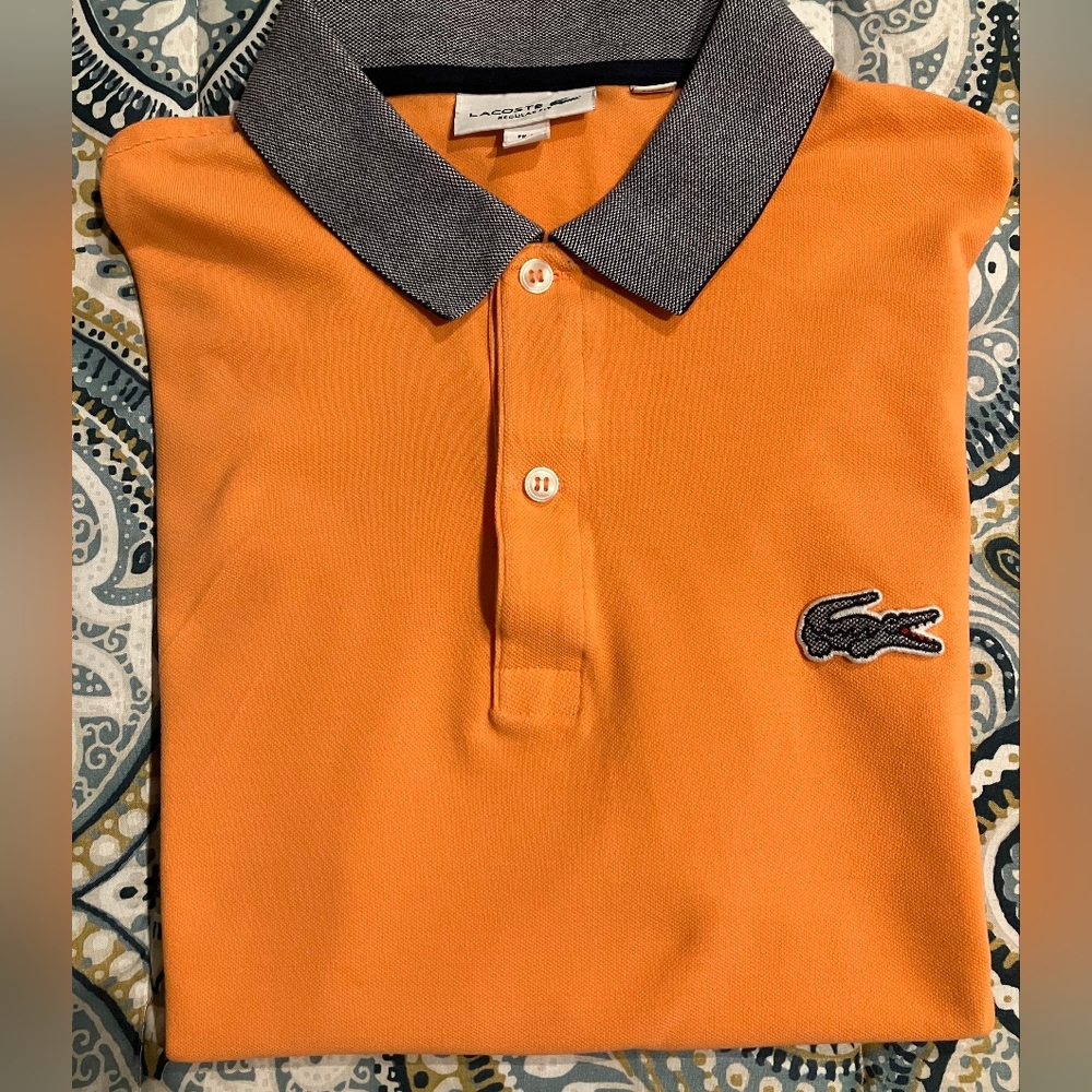 Lacoste Men's Polo Shirt in Orange with Gray Collar